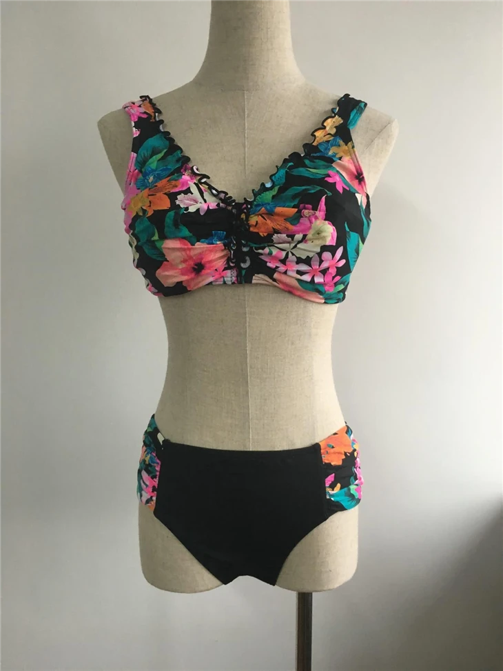 ชุดบิกินี่เอวสูง Ruffle Trim Floral Mix